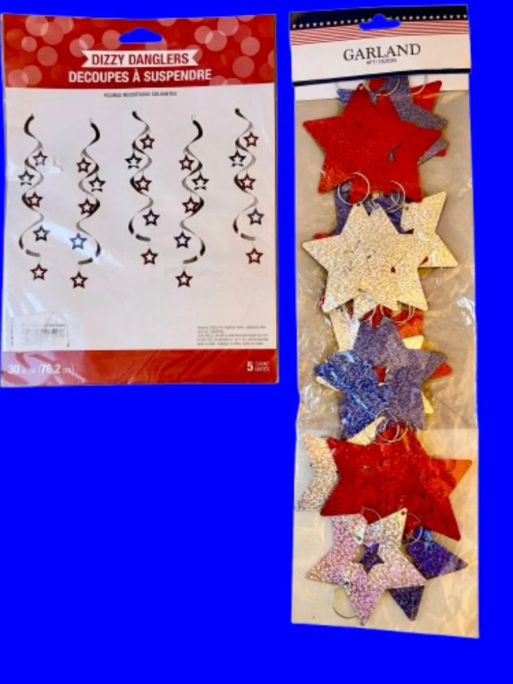 4th of July Hanging GARLAND + DIZZY DANGLERS Red Blue Silver STARS New